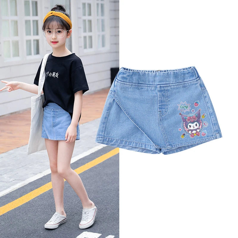 Kids Clothes Elastic Waist Fake Skirt Denim Shorts Jeans for Girls 3-12 Years -Minnie Kuromi Strawberry Bear Printed‌ Fake Skirt