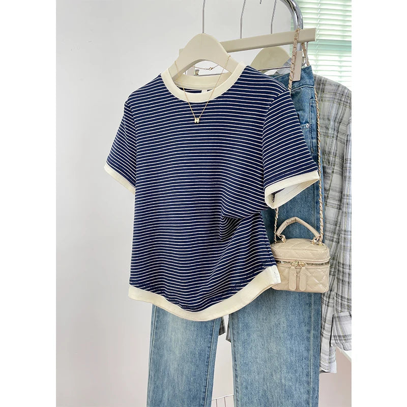 2026 New Women's Loose Fit Casual Stripe Short Sleeve T-Shirt Comfortable Breathable Cotton Polyester Blend Summer Top