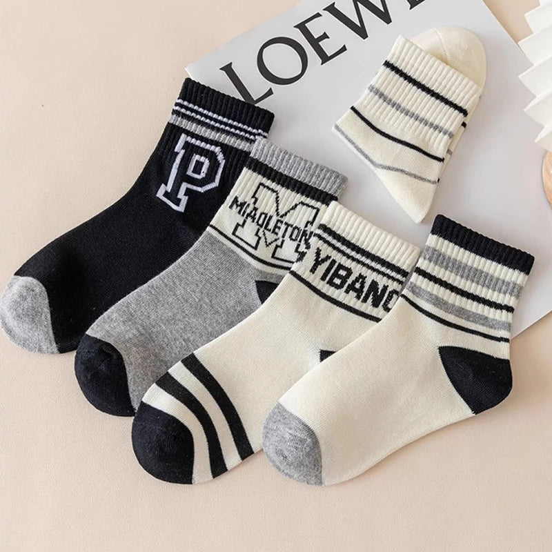 5 Pairs Letter Children Boys Sports Socks High Quility Cotton Combed Comfortable Soft Sweat Absorbing Elastic Mid-calf Kids Sock