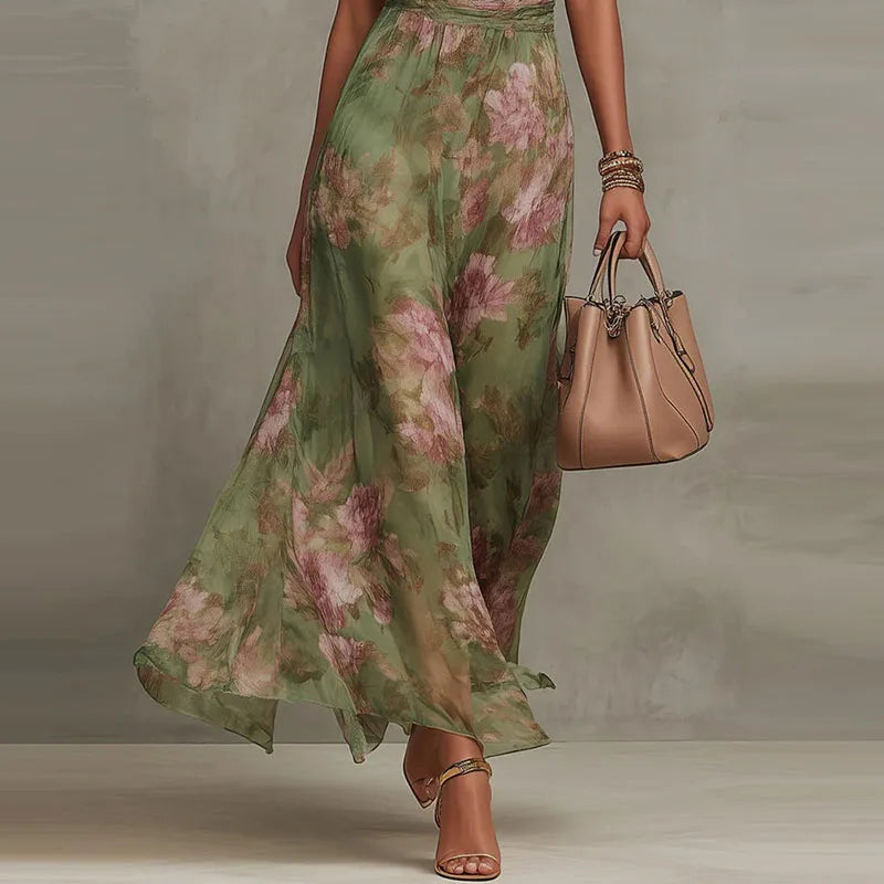 Elegant Halter Off Shoulder Hollow Party Dresses Woman Spring Floral Print Chiffon Long Dress Boho Sleeveless Summer Beach Dress