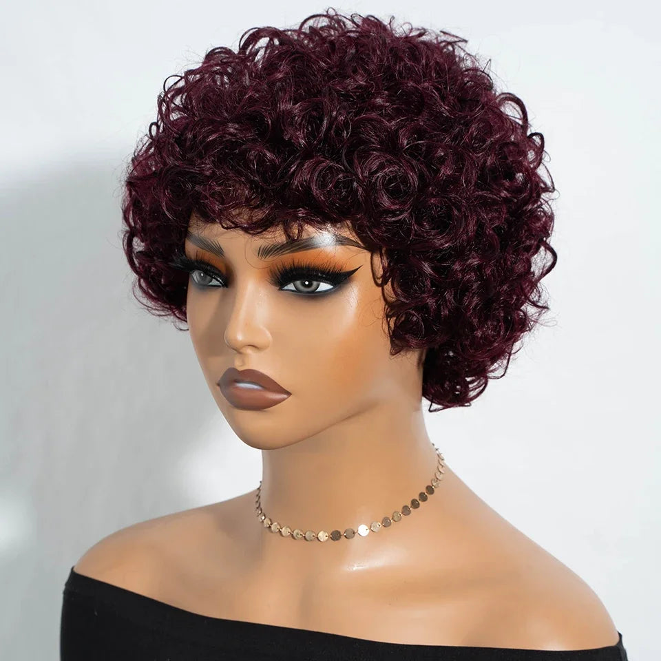 Brazilian Short Bob Pixie Afro Kinky Curly Wigs With Bangs For Black Women Natural Brown 99J Full Machine Made Human Hair Wigs