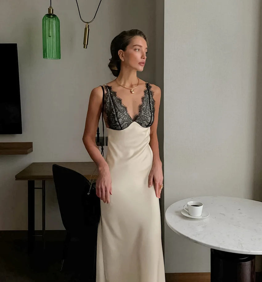 Tossy Lace V-Neck Printed Long Dress Women's Patchwork High Waist Slim Backless Summer 2026 New Dress Female Party Dress Gown