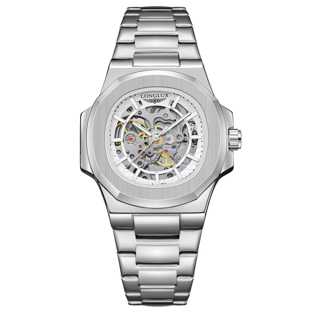 LONGLUX Men automatic mechanical watch luxury watches waterproof skeleton business cheap wholesale stainless steel gift watch