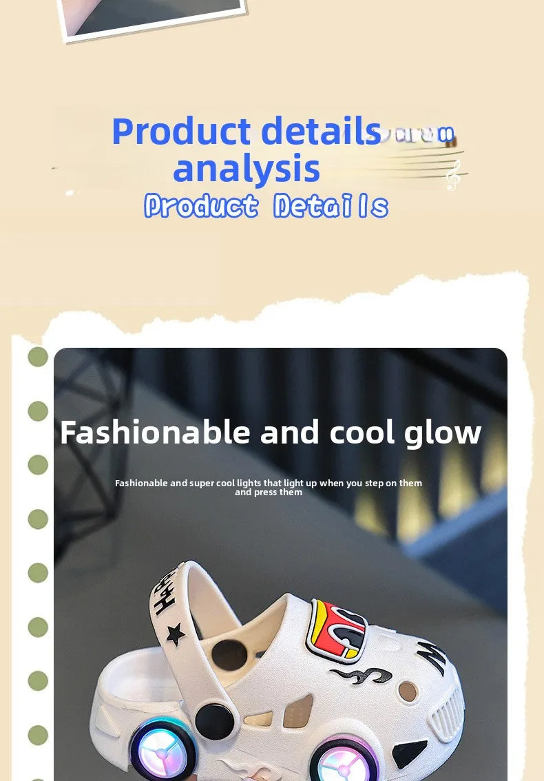 Children's Slippers 2026 Summer New Boys' Car Shaped Wheels Will Light Up Anti Slip Soft Bottom Baby Beach Slippers