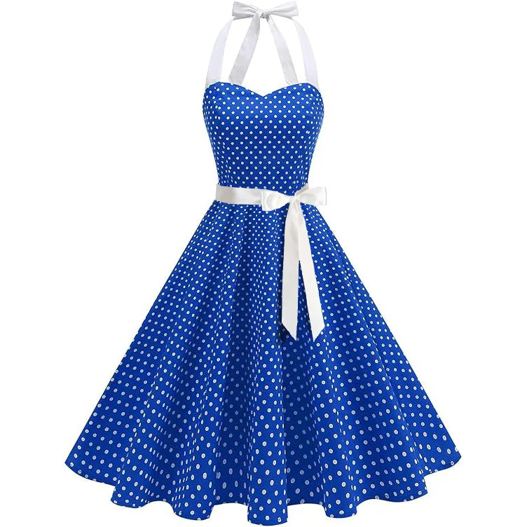 Elegant Women Pink Polka Dot Dress Summer Robe Hepburn 1950s 60s Vintage Sexy Halter Rockabilly Retro Party Dresses 2026 Vestido