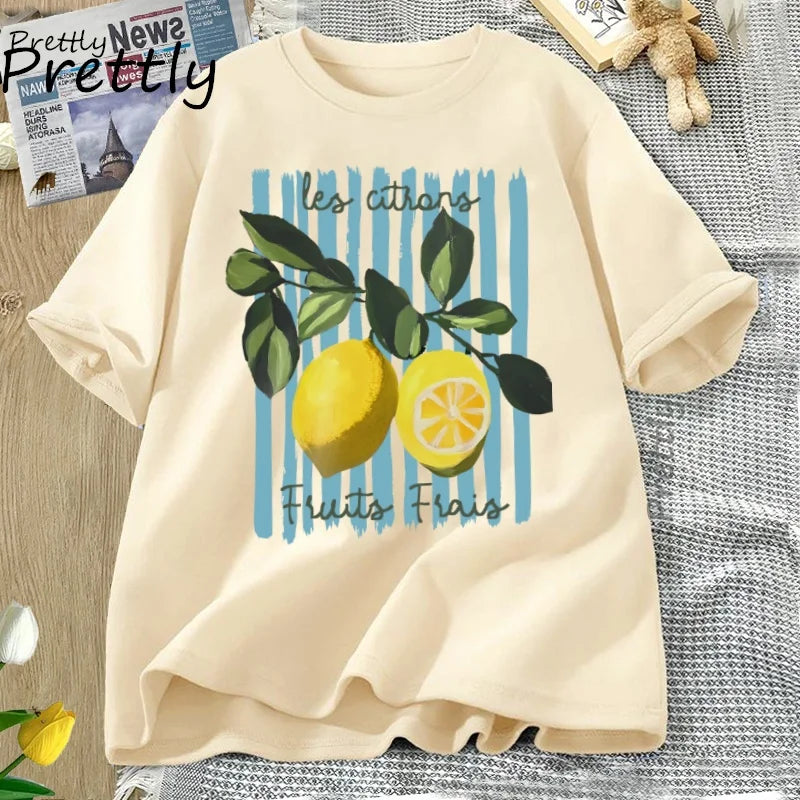 Summer Lemon T-shirt Vintage Cottagecore French T Shirt Cotton Lemon Tee Shirt Vacation Beach Tshirt Casual Short Sleeve Tops