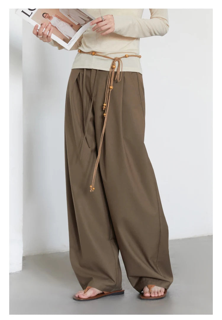 CHIC VEN Women Pants Solid Loose Casual Wide Leg Pant Drawstring Pleated Female Suit Trousers Office Ladies Sping Autumn 2025