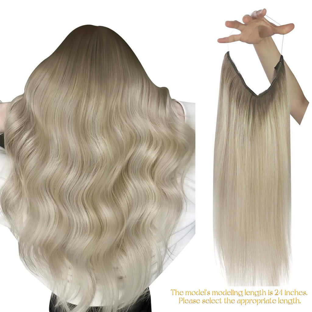 VeSunny Fish Line Human Hair Extension Wire Natural Hair One Piece Invisible Wire Hair Weft with 2 Clips Blonde Soft Remy Hair