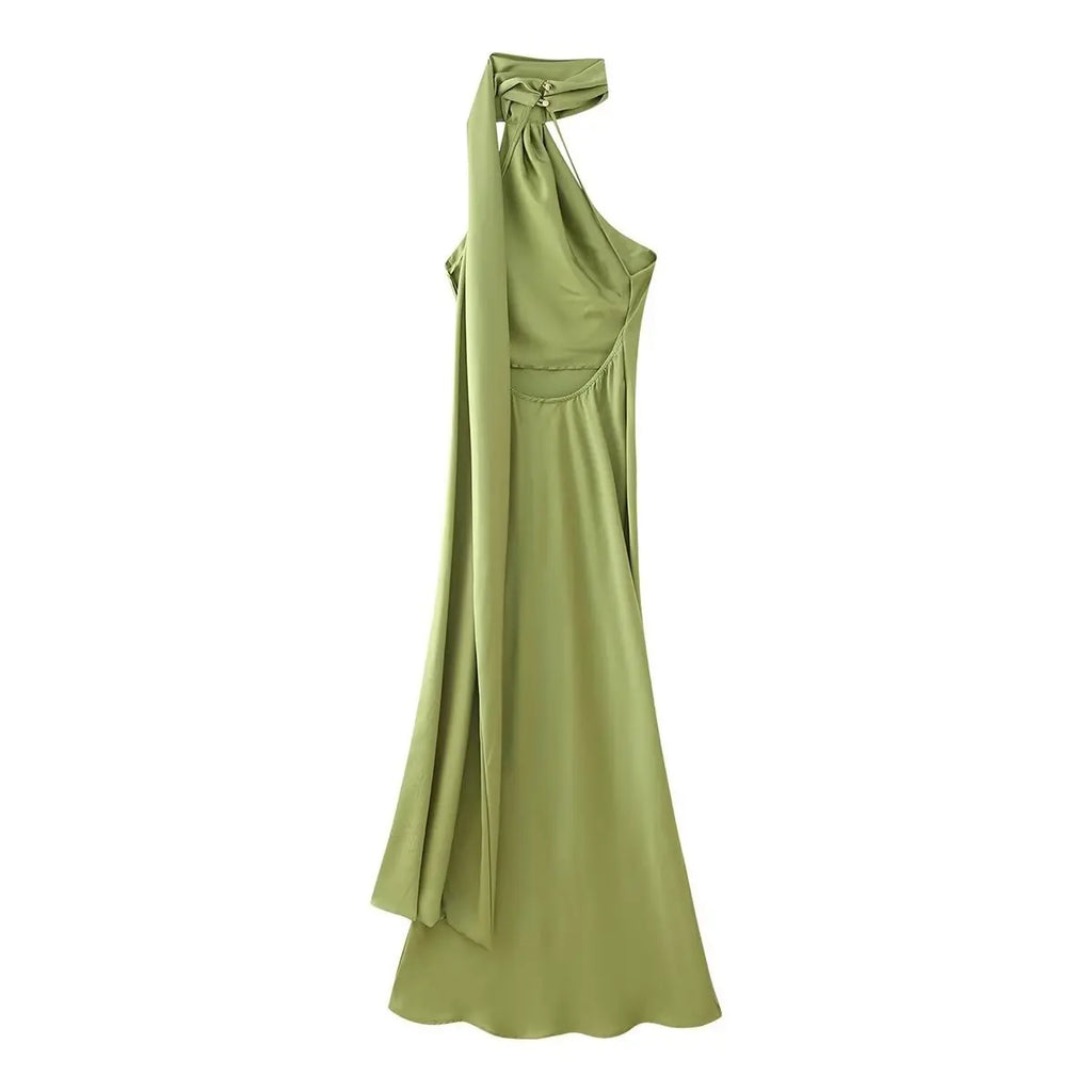 VEITCHE Elegant Women's Soft Silk Satin Long Dress Halter Backless Sleeveless Maxi Dresses Summer Lady Long Ribbon Party Gowns