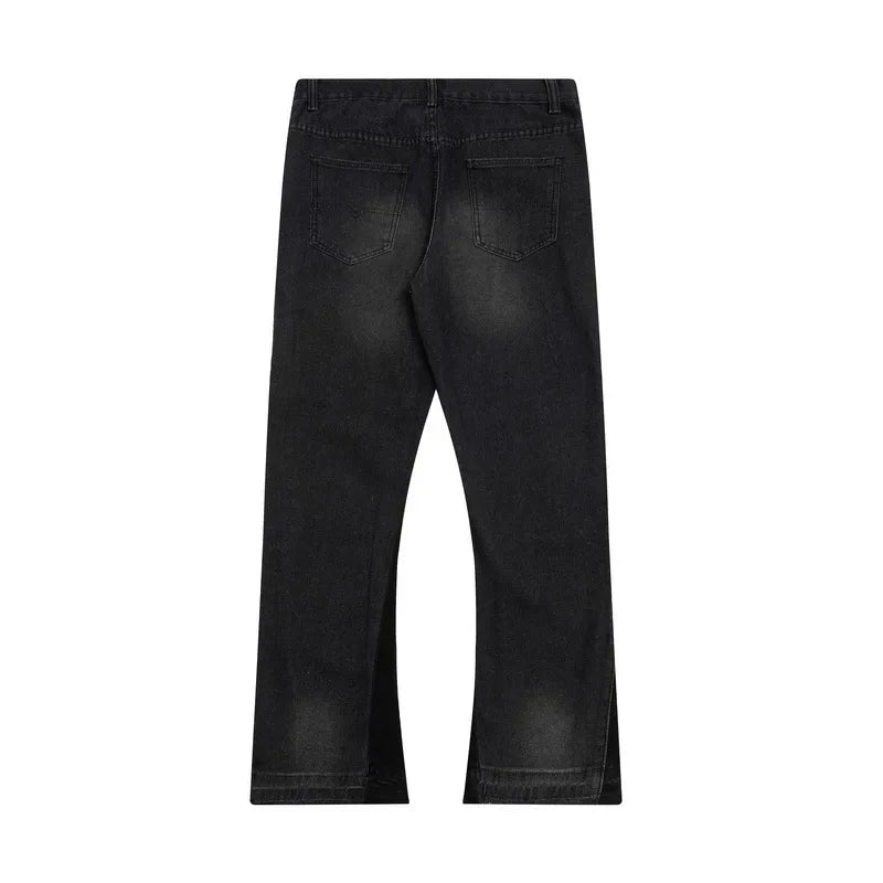 American retro washed letter spliced denim trousers high street trendy brand couple loose straight micro-flared long trousers