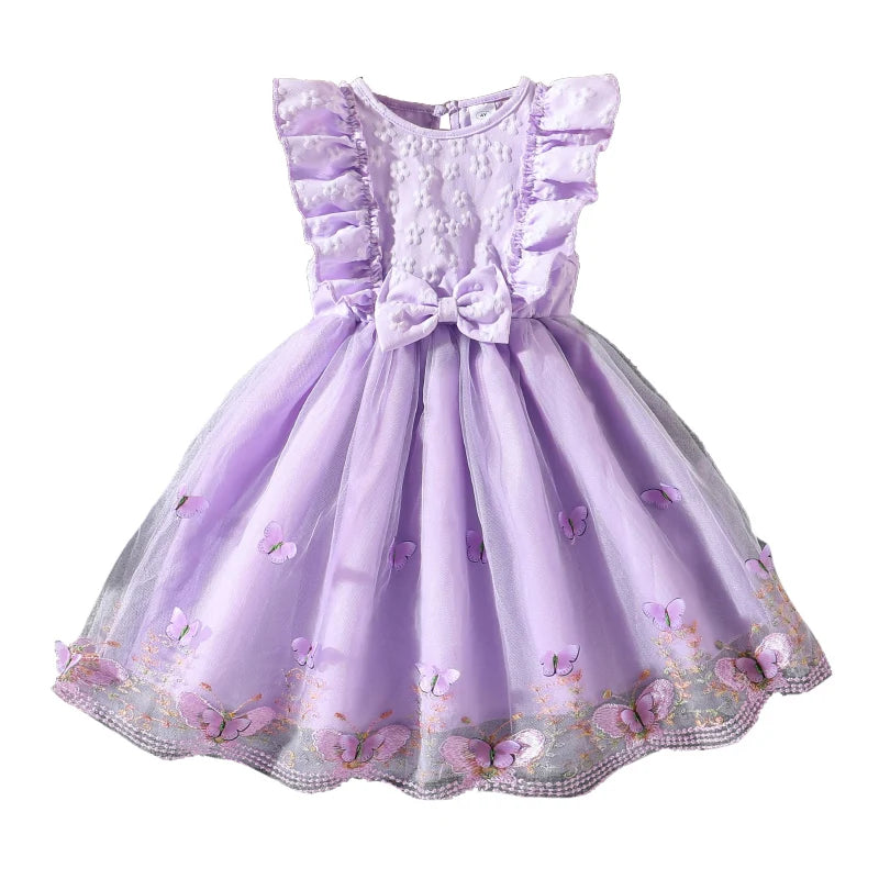 Kids Princess Dress For Girls O-Neck Wing-Sleeve Bowknot Floral Print Embroidery 4-7 Years Summer Sweet Birthday Party Clothing