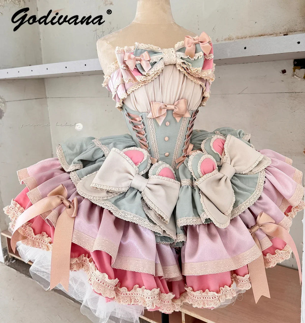 New Girls Birthday Lolita Dress 2026 Spring and Summer Women's Tube Top Satin Bowknot Slim Pettiskirt Short Mini Party Dress