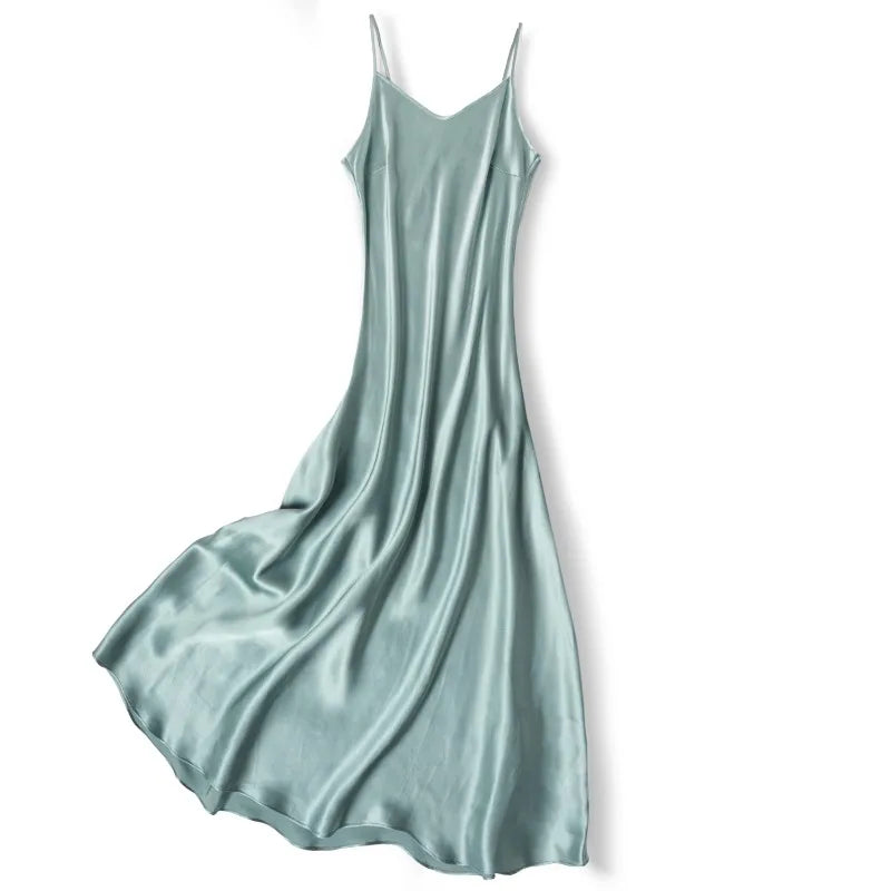 Small Heavyweight 21MM 100% Natural Mulberry Silk Plain Satin French V-neck Diagonal Cut Women's Sexy Solid Suspender Dress