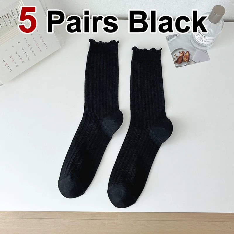 5/10 Pairs Women Solid Color Mesh Mid Tube Socks Summer Lightweight Breathable Fashionable Wavy Edge Ballet Style Casual Socks