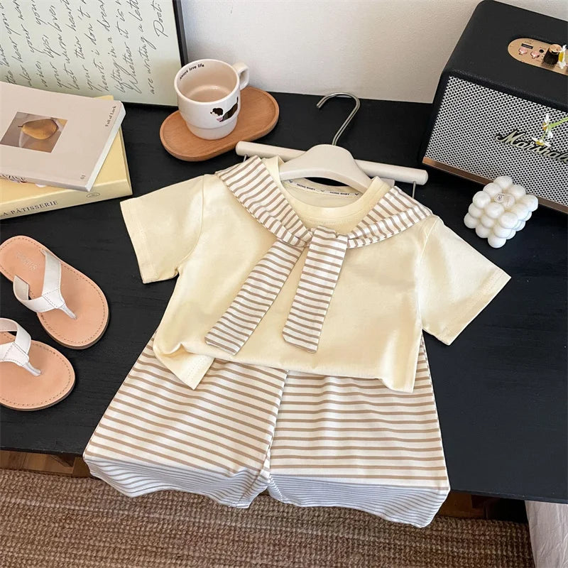 Girls Suit Summer Short-sleeved T-shirt With Stripes Shawls+Pants 2Pcs Outfits Kids Casual Clothes Children's Fashion Sets 1-12Y