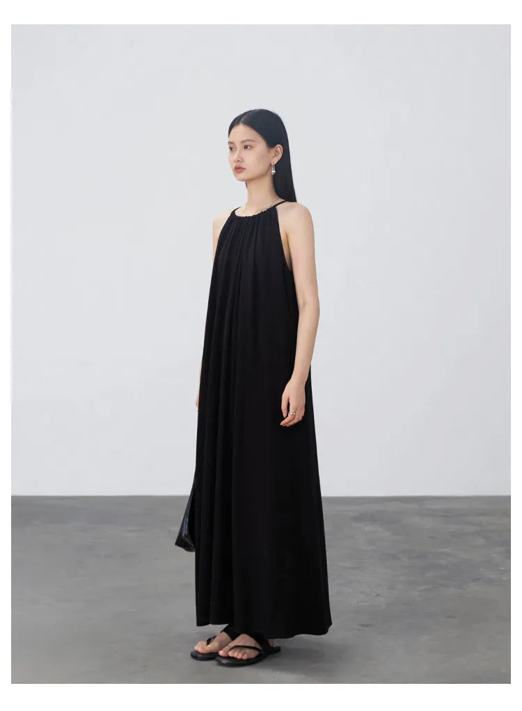 CHIC VEN Women Halter Dress A Line Solid Loose Casual Lace Up Black Sleeveless Holiday Female Long Dress Pullover Summer 2026