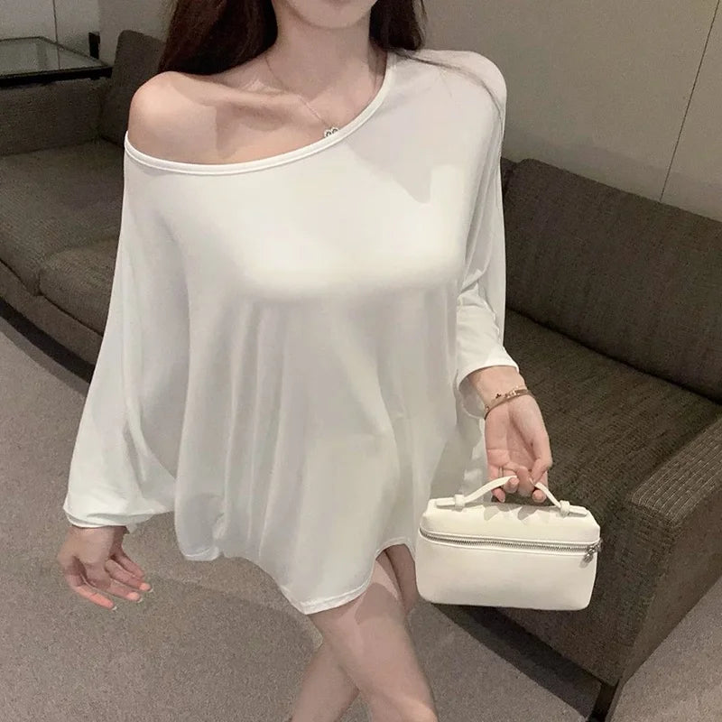 Solid Oversized T-shirt for Women's Casual Loose Top Fashion Bat Sleeves Simple Sexy Off Shoulder Korean Baggy T shirts Autumn