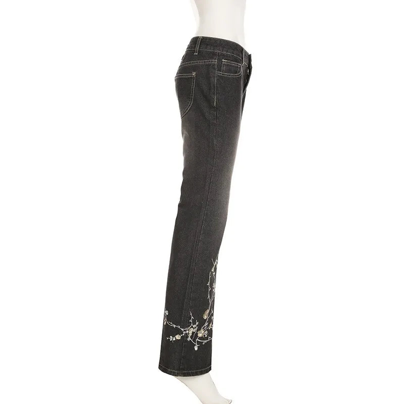 Floral Embroidery Jeans Vintage 2000s Low Rise Flared Jeans Women Retro Y2k Baggy Denim Pants High Street Basic Trousers