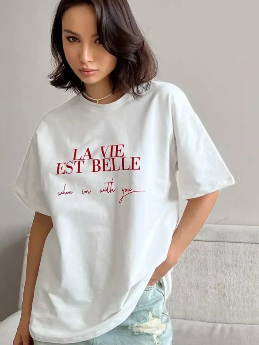 Summer American Ins Mid-length Temperament Printed T-shirt Street Personality Women's Letters Versatile Cotton Short-sleeved Top