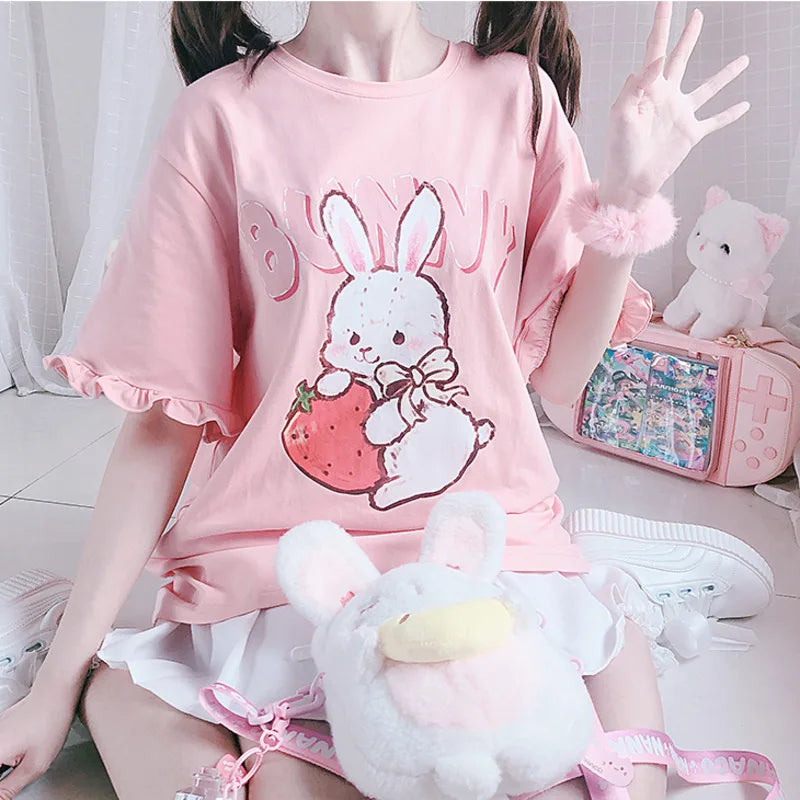 Summer Women Cute Lolita Pink T-Shirts Cartoon Strawberry Rabbit Print Tshirt Ruffles Short Sleeve Tops JK Girls Kawaii Tee Top