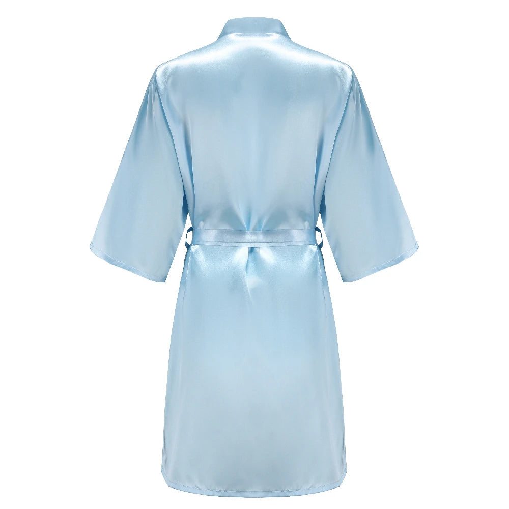 Light Blue Women's Satin Robe Short Kimono for Bride & Bridesmaid With White Letter, Wedding Party Robes