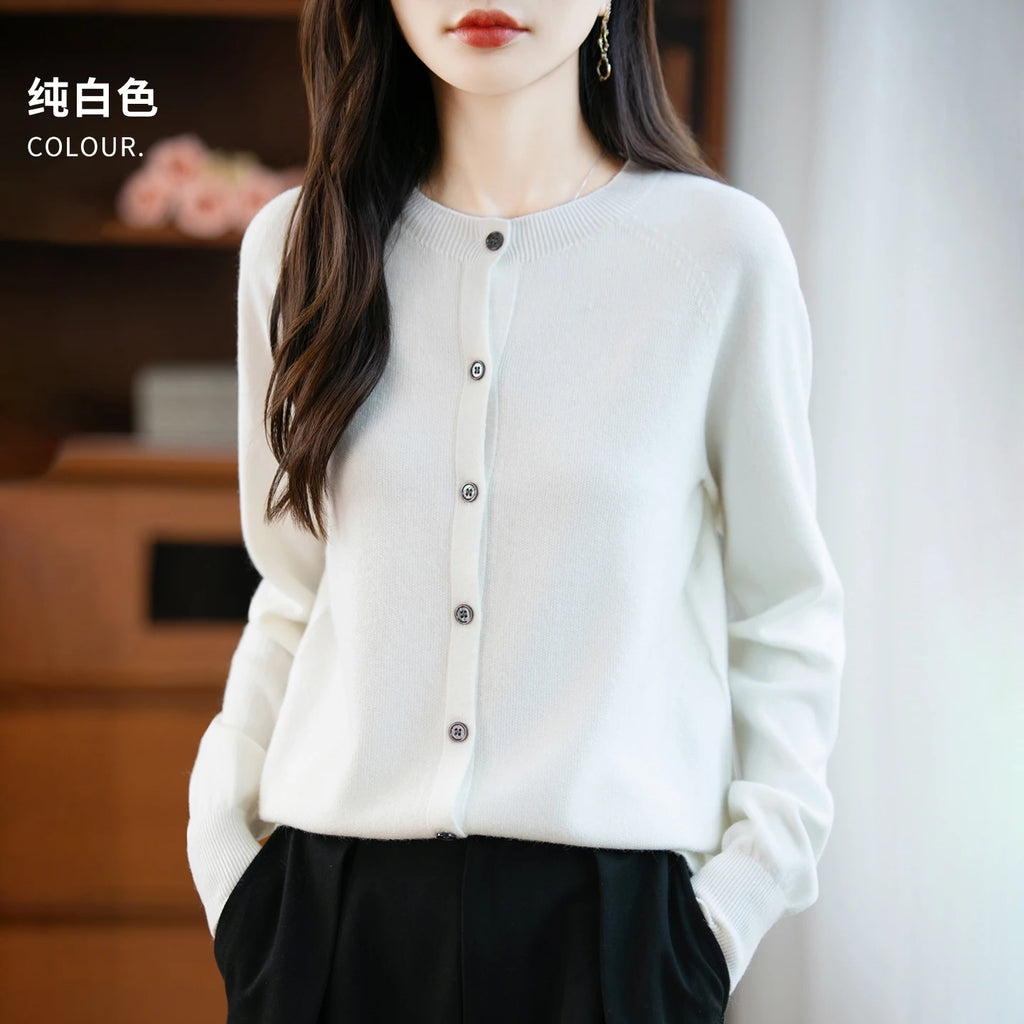 Classic Merino Wool Woman Sweater Basic Female Autumn Winter Knitted Cardigan Elegant Ladies Cashmere Long Sleeve Clothing Tops