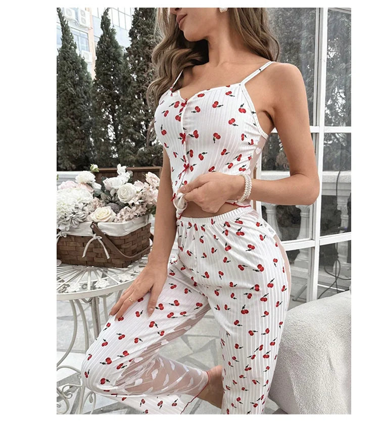 Women's Sleepwear & Loungewear Heart Print Contrast Lace Pajamas Pj Set Summer Sleevelss Cami Top & Elastic Pants Pyjama 2 Piece