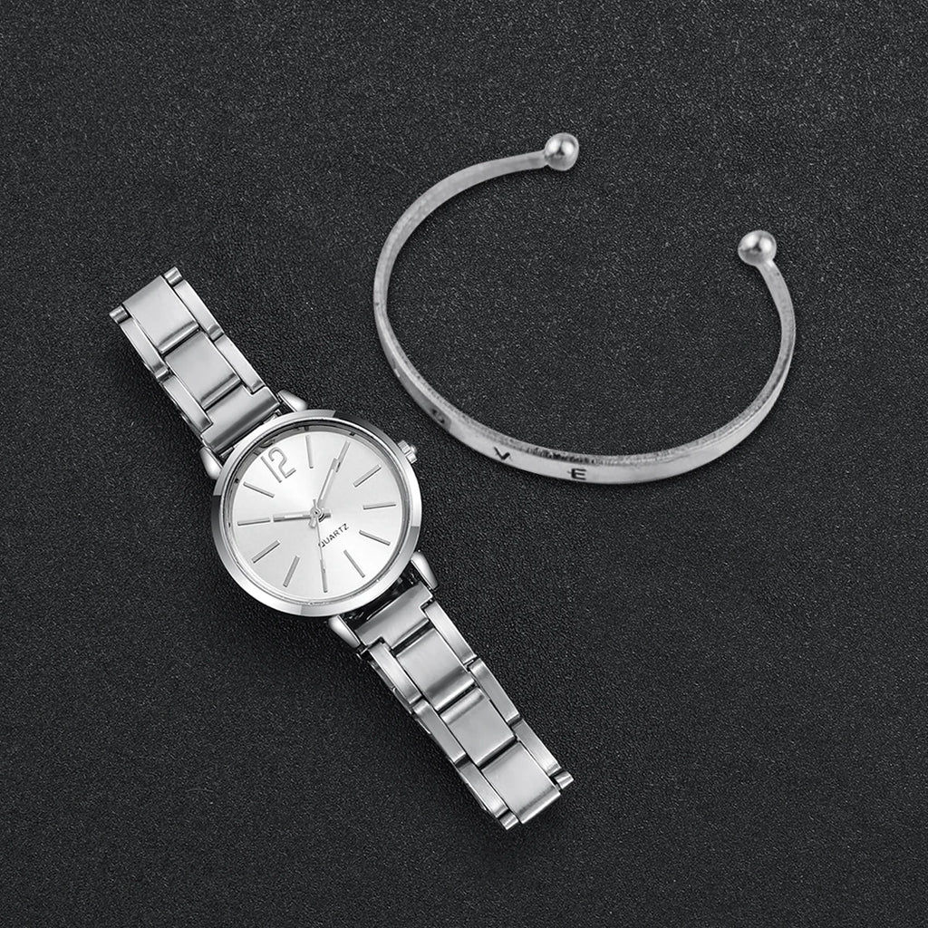 2PCS Women's Watch Fashion Gold Steel Band Quartz Wristwatch Opening Cuff Bracelet Set