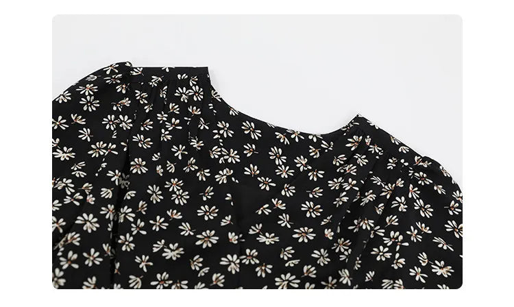CHIC VEN New Women Dresses Long Sleeved Retro V-neck Black Floral Female Dress Elastic Waisted Lace Up Spring Summer 2026