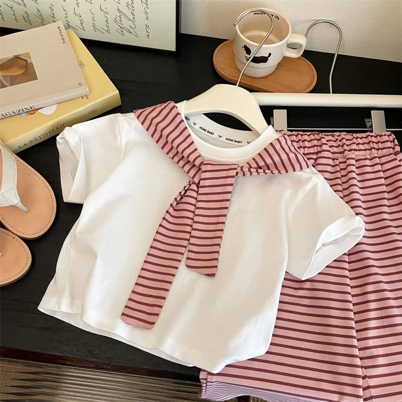 Girls Suit Summer Short-sleeved T-shirt With Stripes Shawls+Pants 2Pcs Outfits Kids Casual Clothes Children's Fashion Sets 1-12Y