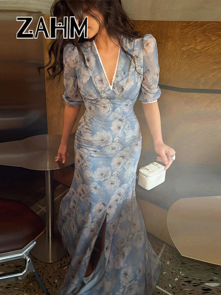 Elegant Print Women Long Dress Fashion Trumpet Pleated Short Puff Sleeve V-neck Female Dresses 2026 Summer Beach Lady Robe New