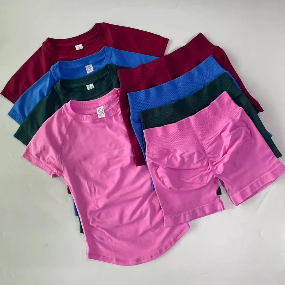 2 Piece Sets Women Outfit Longline Short Sleeve Gym Crop Top High Waist Workout Shorts Sports Suit Fitness Clothes Yoga Set