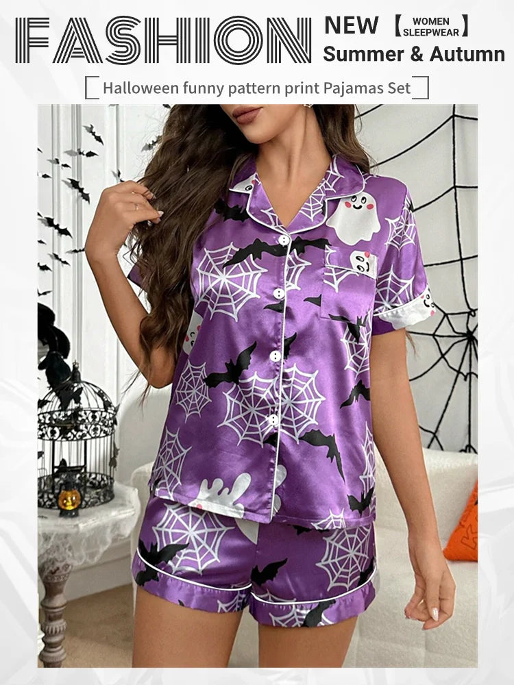 Women's Heart-shaped Print Satin Pajama Pj Set Soft & Comfortable Short Sleeve Buttons Lapel Tops & Shorts Sleepwear Loungewear