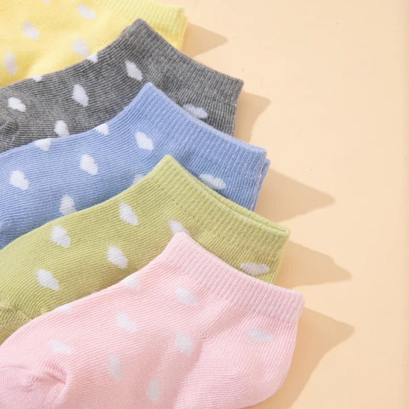 5 pairs kid's short socks: candy colors, heart-shaped, soft, comfortable, casual, student ankle socks - suitable for daily use