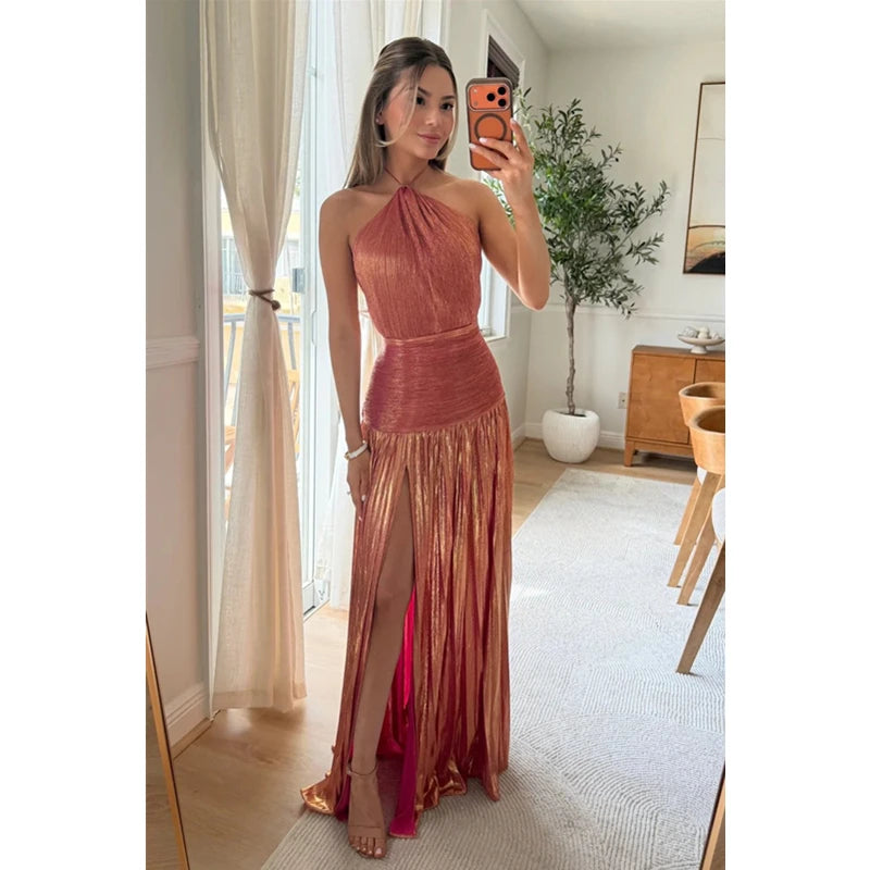 Luxurious Women Corset Party Cocktail Dress Sexy Off Shoulder Halter Folds Slit Guest Celebrity Long Dress Celebrity Prom Gown