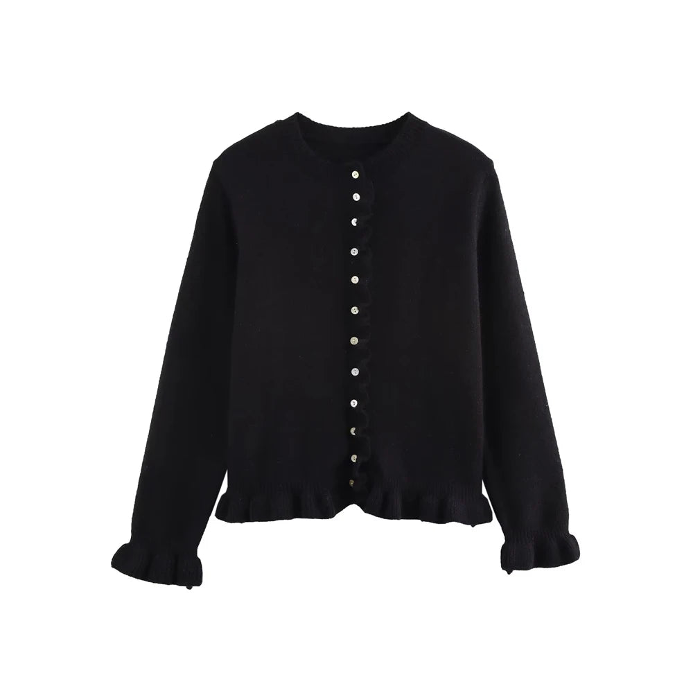 Women's Ruffled Knit Cardigan Sweater O-Neck Long Sleeve Chic Top with Front Buttons Fashion Outerwear