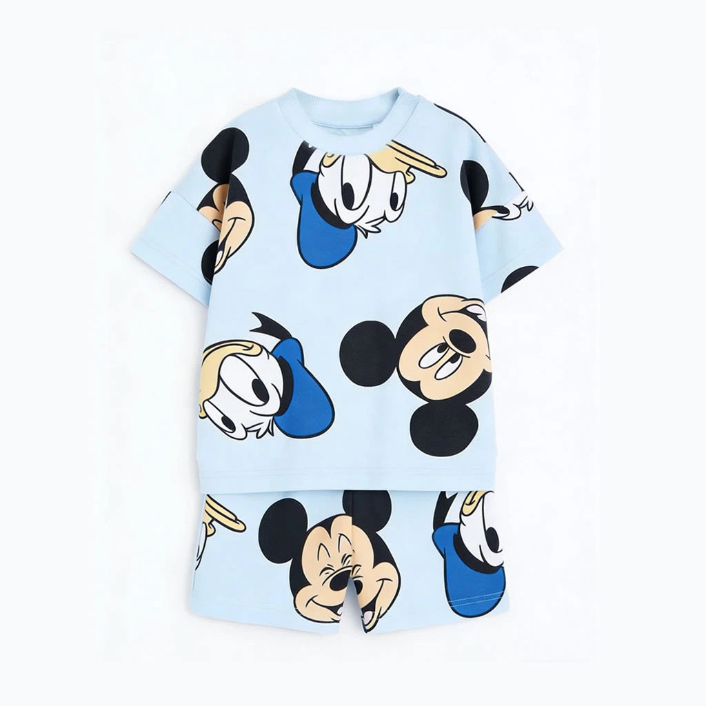 Disney Mickey Children's Sports Set Cartoon Fashion Loose Girl Baby Boy Short Sleeve Round Neck T-shirt+shorts Two Piece Set