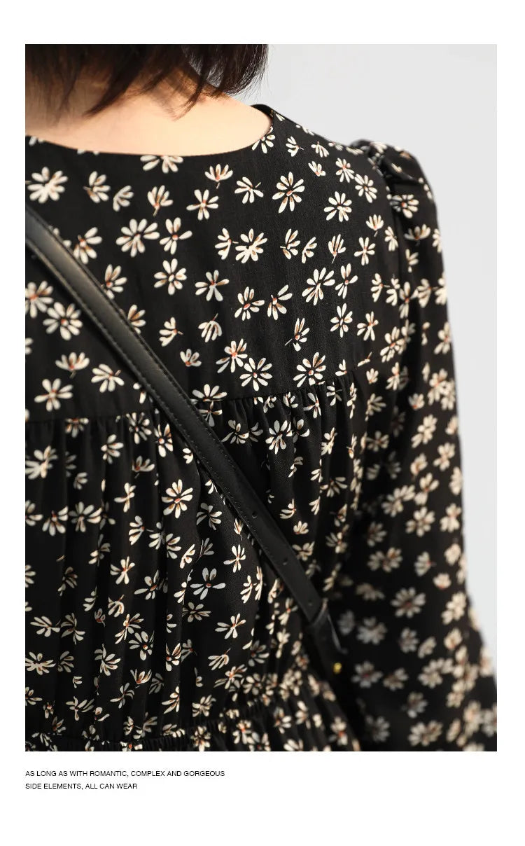 CHIC VEN New Women Dresses Long Sleeved Retro V-neck Black Floral Female Dress Elastic Waisted Lace Up Spring Summer 2026