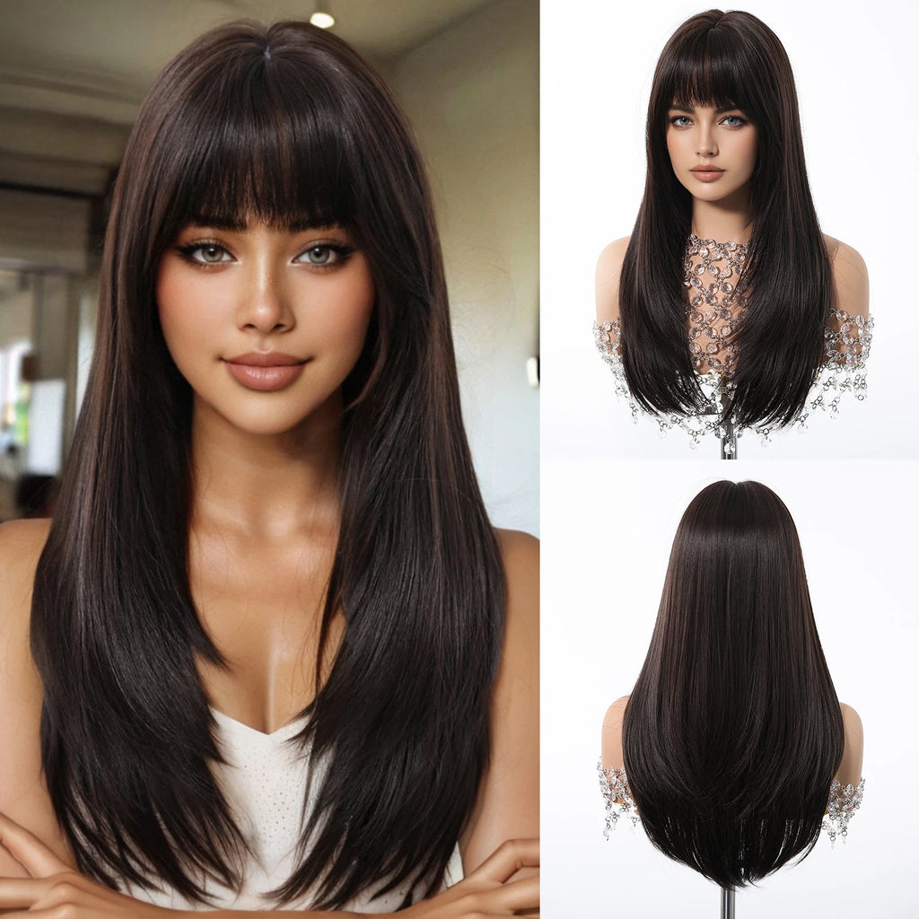 ALAN EATON Long Brown Highlight Synthetic Wigs Layered Straight Hair Wig Realistic Fake Hair for Daily Wear High Temperature Wig