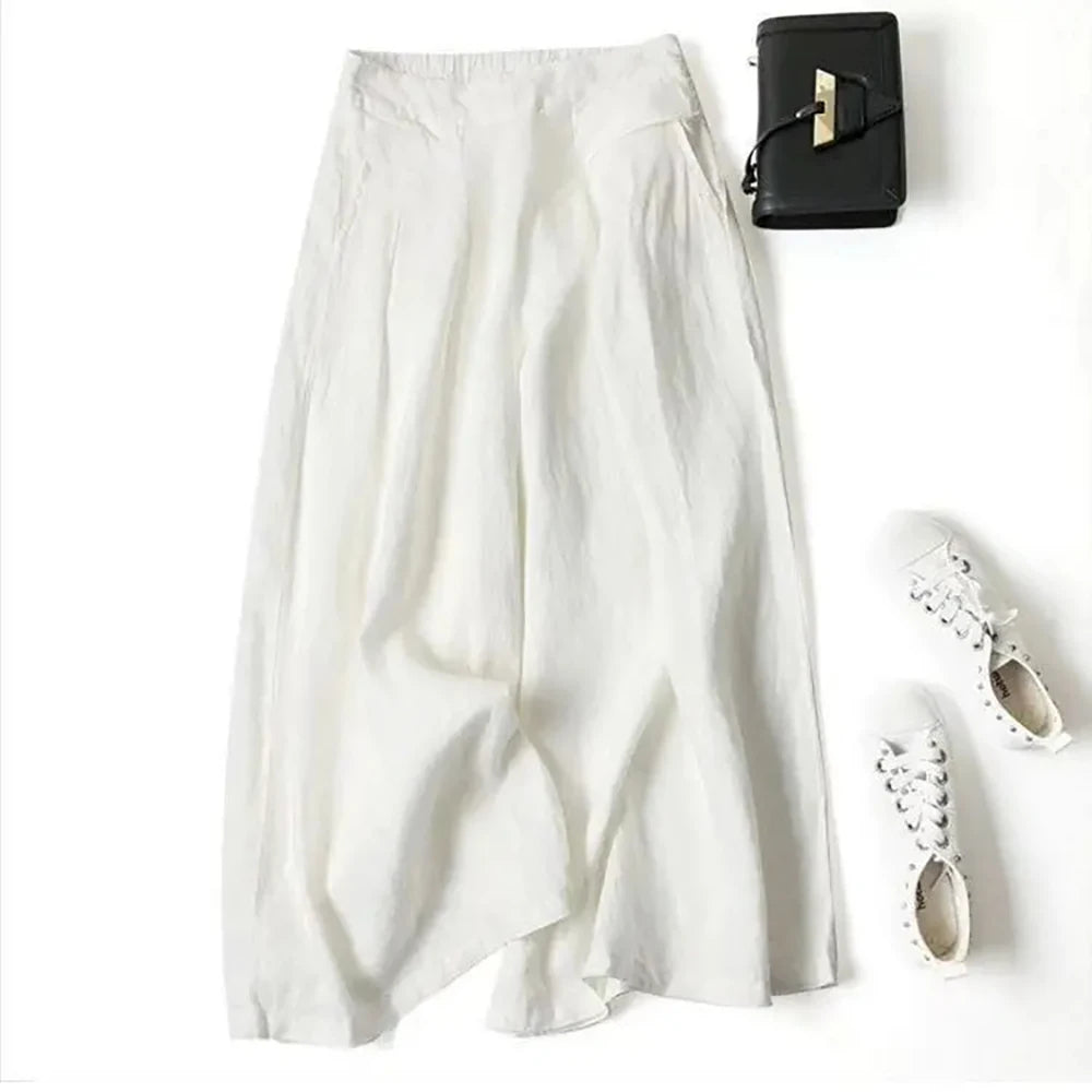 2026 Summer Women's Culottes Cotton Linen Cropped Wide Leg Pants Elastic Waist Casual Palazzo Trousers with Pockets