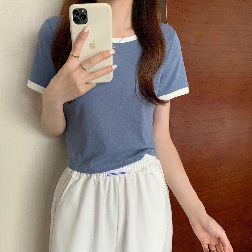 Fashion Patchwork T-shirts Women Basic Tee Casual Oversized Tops Quality Unisex Short Tshirts Tees Girl Summer Clothing Tops