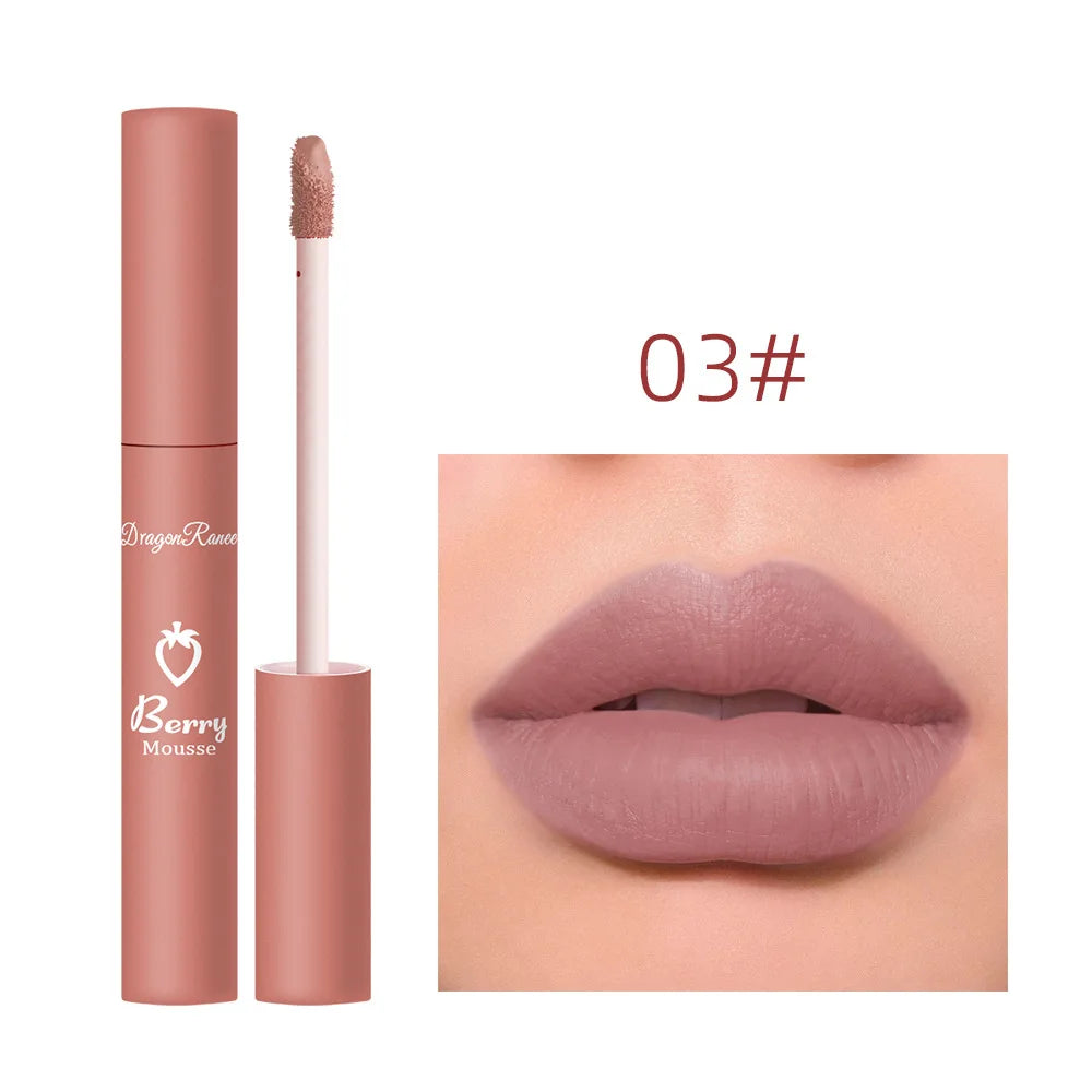 Dragon Ranee 12 Color Matte Lip Gloss Velvet Texture Waterproof Moisturize Lip Gloss Lasting Non-stick Cup Fashion Cosmetics 5ml