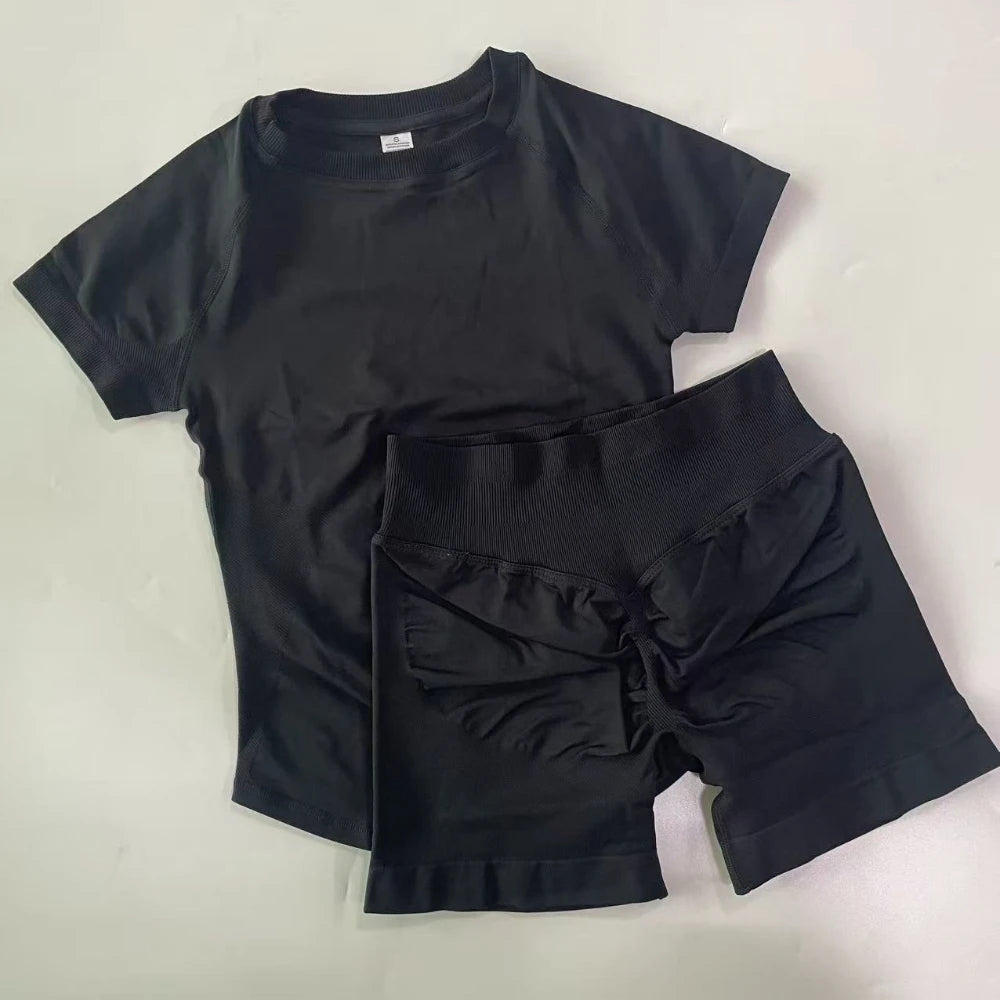 2 Piece Sets Women Outfit Longline Short Sleeve Gym Crop Top High Waist Workout Shorts Sports Suit Fitness Clothes Yoga Set
