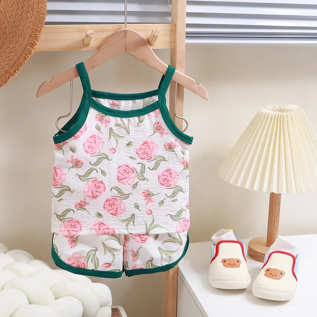 Summer Children Sling Shorts Set Fashion Flower Girls Kids Thin Breathable Pajamas Cute Cartoon Baby Toddler Home Clothes