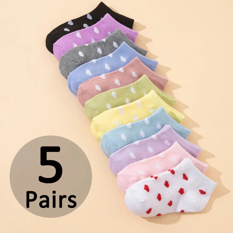 5 pairs kid's short socks: candy colors, heart-shaped, soft, comfortable, casual, student ankle socks - suitable for daily use