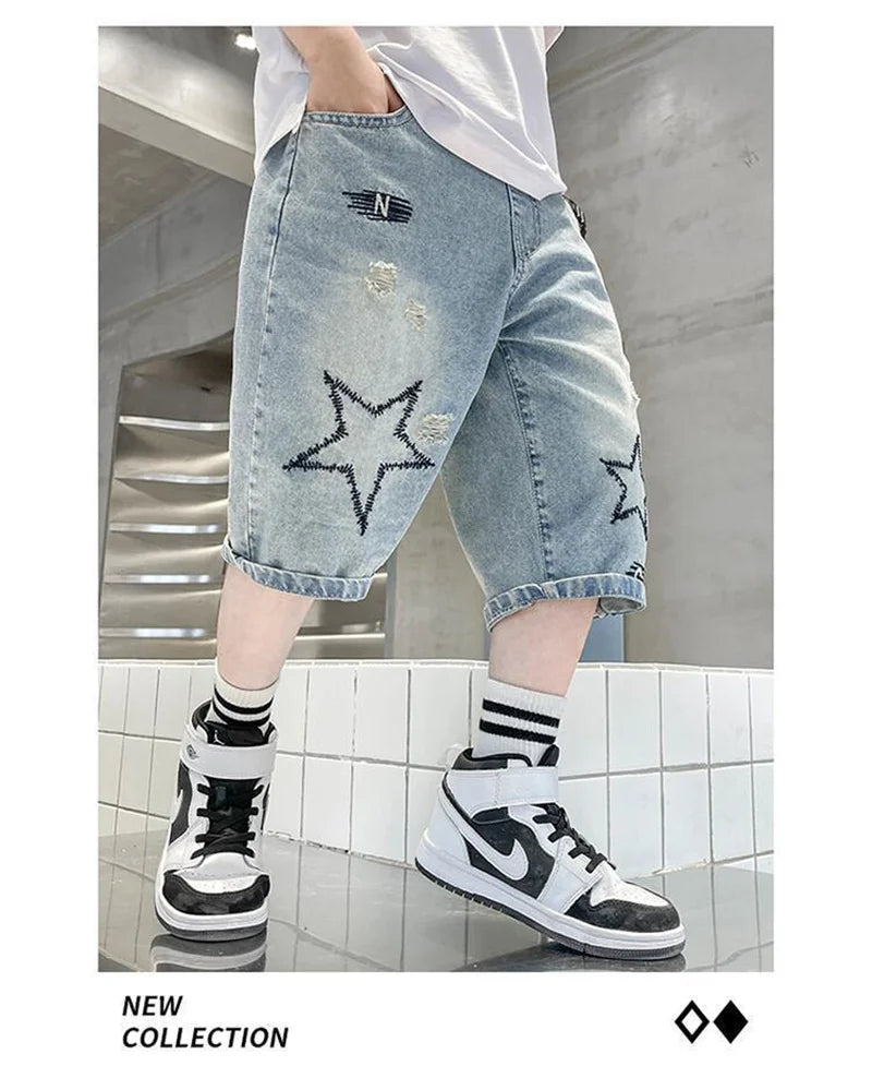 Boys Straight Denim Shorts Summer Children Casual Wide-leg Knee Length Pants Teenage Jean Short Trousers Kids Clothing 5-14 Year