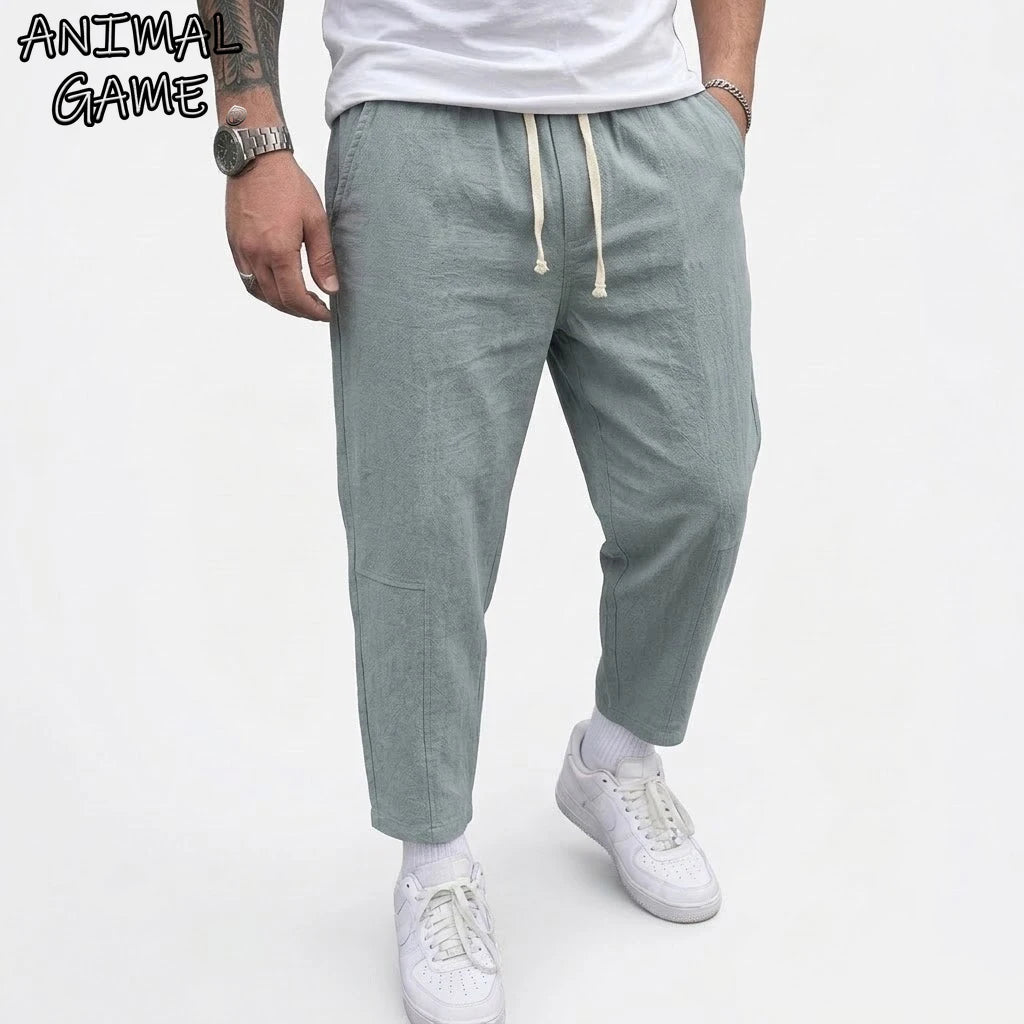 Fashion Men's Linen Trousers Solid Color Casual Pants for Men Sport Breathable Baggy Pant Summer Beach Lightweight Cotton Pants
