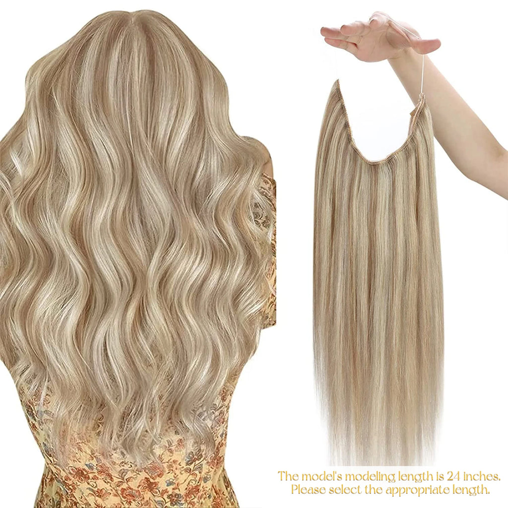 VeSunny Fish Line Human Hair Extension Wire Natural Hair One Piece Invisible Wire Hair Weft with 2 Clips Blonde Soft Remy Hair