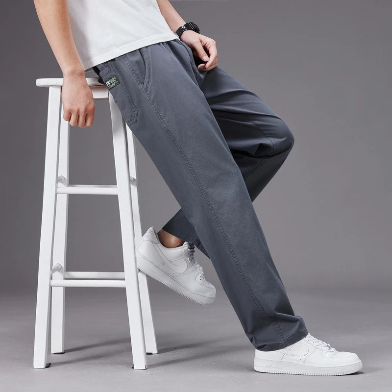 Big Size Casual Pants Men Elastic Waist Straight Leg Fit Summer Trousers Male Loose Cotton Work Wear Plus Large 6XL Khaki Light