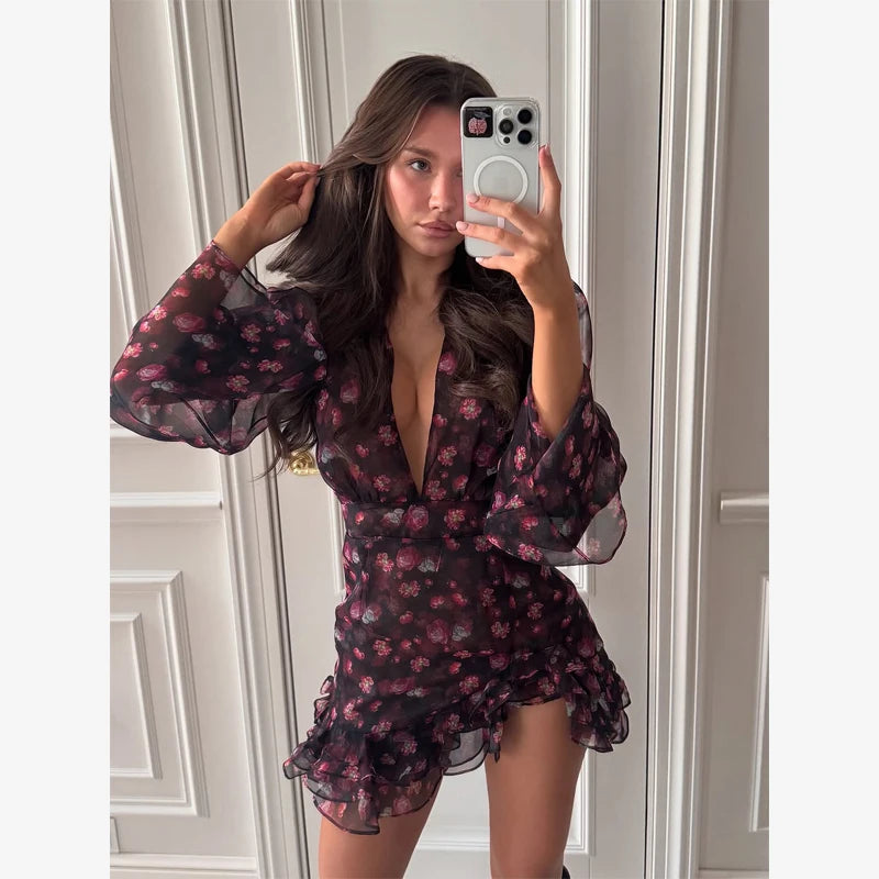 Flora Painted Ruffle Mini Dress Women Elegant Full Sleeve Deep V-neck Slim A-line Dresses 2026 Lady Holiday Street Outwears New